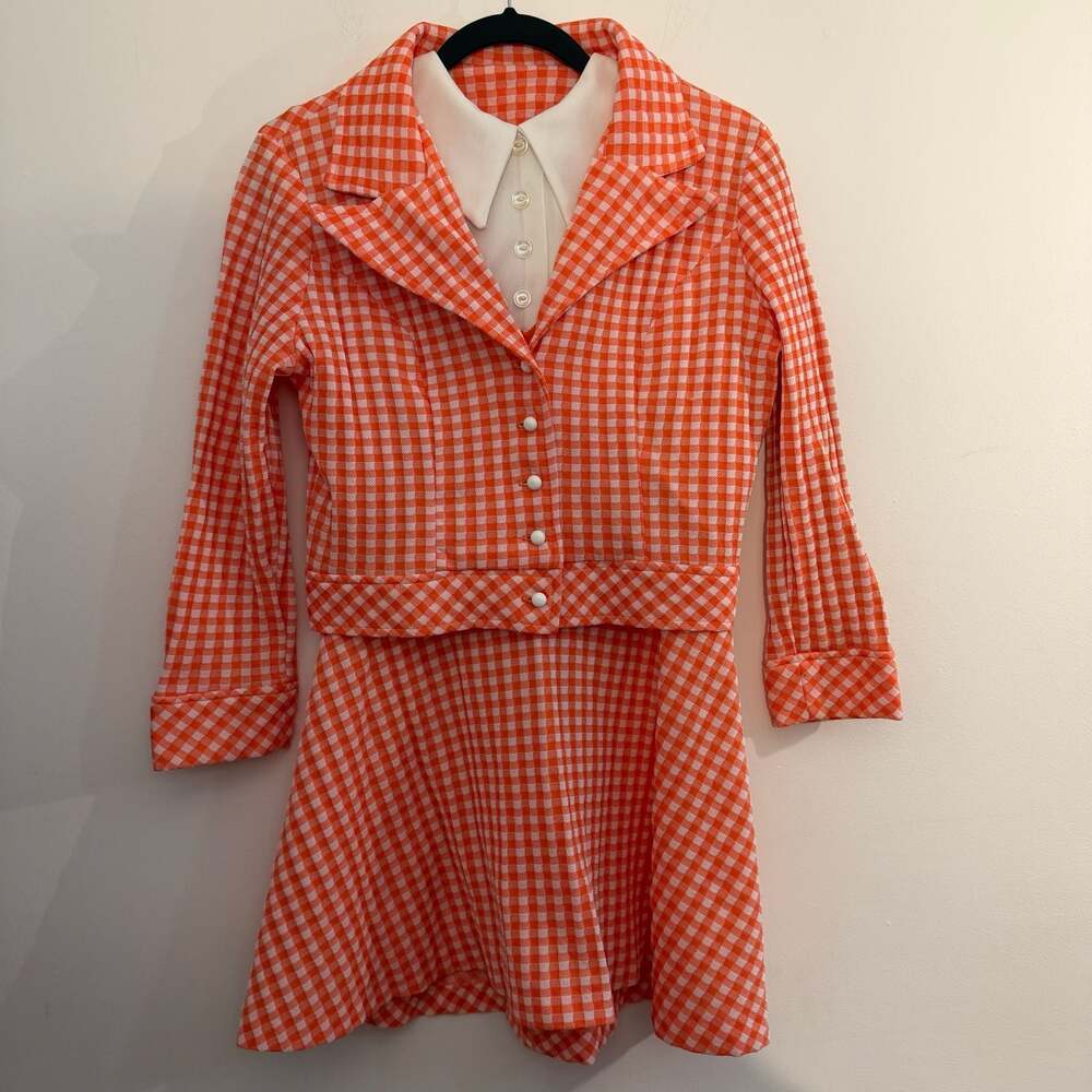vintage 1970s orange gingham mini dress & cropped jacket set size medium